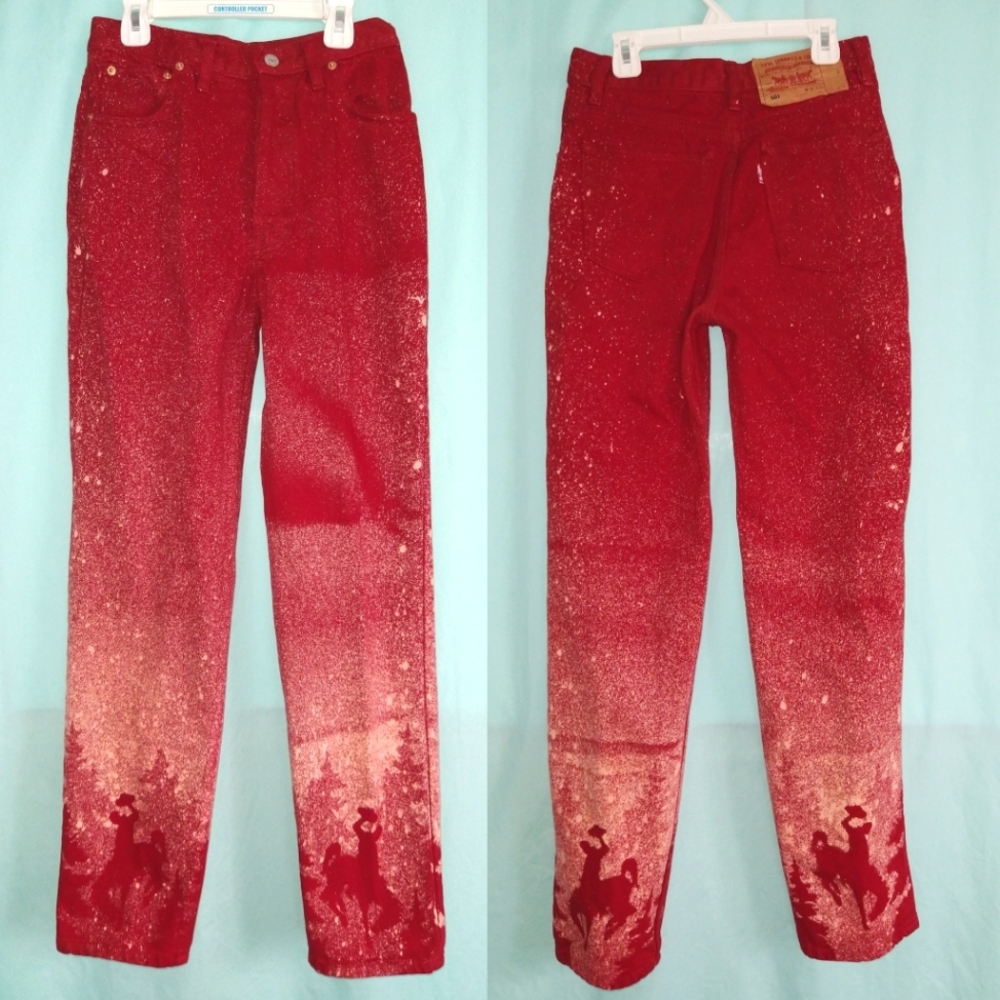 Levi's 501 button fly red colored denim western 9 Festival Wyoming Altered